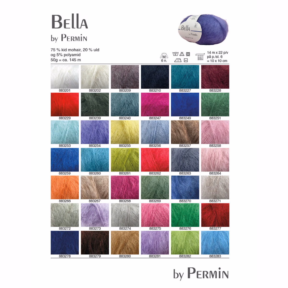 Komplett fargekart for Bella by Permin mohairgarn som viser tilgjengelige farger og fargenumre