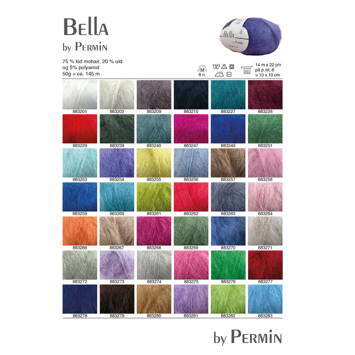 bella-by-permin-fargekart-knitteriet Komplett fargekart for Bella by Permin mohairgarn som viser tilgjengelige farger og fargenumre