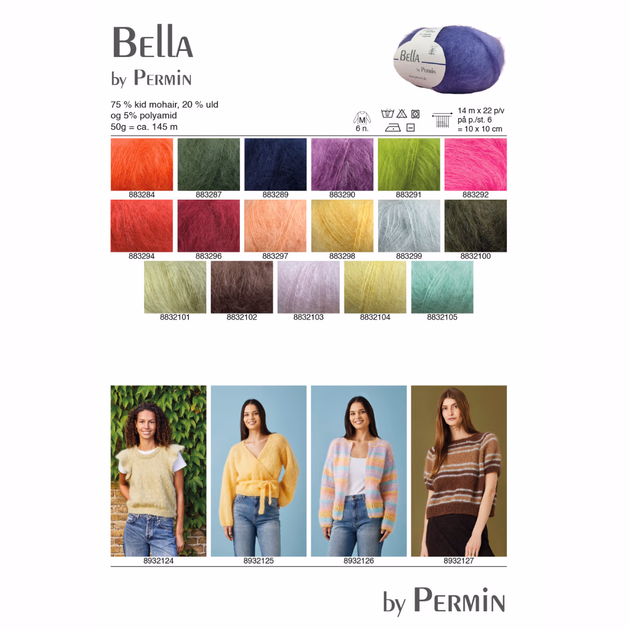 Et nøste med mykt Bella by Permin mohairgarn vist på en lys bakgrunn