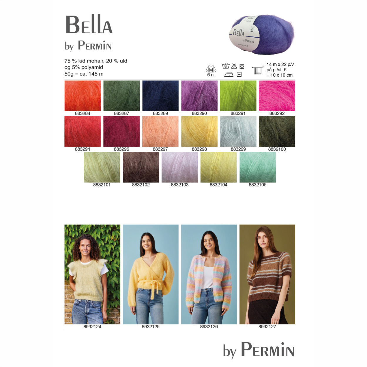 Et nøste med mykt Bella by Permin mohairgarn vist på en lys bakgrunn